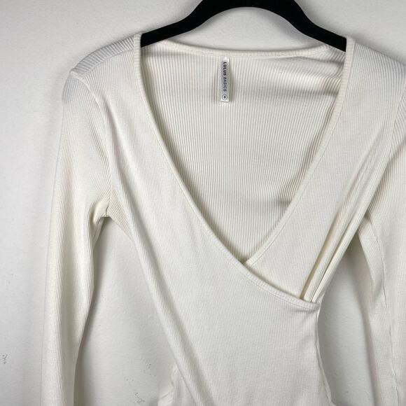 Lulus White Ribbed Knit Long Sleeve Bodysuit Faux Wrap Minimalist Size S - Picture 2 of 6